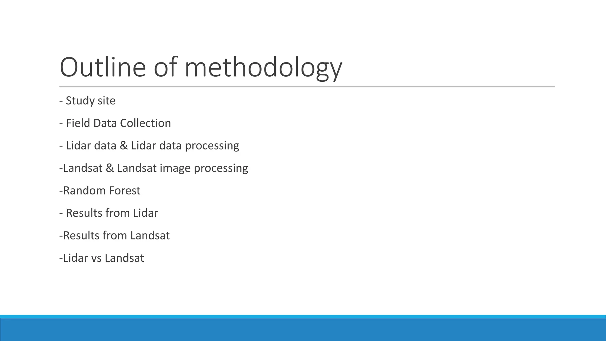 Outline of methodology
- Study site
- Field Data Collection
- Lidar data & Lidar data processing
-Landsat & Landsat image processing
-Random Forest
- Results from Lidar
-Results from Landsat
-Lidar vs Landsat
 