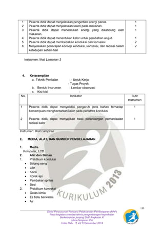 135 
Diklat Penyusunan Rencana Pelaksanaan Pembelajaran (RPP) 
Pada kegiatan orientasi teknis pengembengan keprofesian 
Berkelanjutan jenjang SMP Angkatan XI 
Mata Pelajaran IPA 
Hotel Ratu, 11 s/d 15 November 2014 
1 
2 
3 
4 
5 
6 
Peserta didik dapat menjelaskan pengertian energi panas. 
Peserta didik dapat menjelaskan kalori pada makanan. 
Peserta didik dapat menentukan energi yang dikandung oleh 
makanan. 
Peserta didik dapat menentukan kalor untuk perubahan wujud. 
Peserta didik dapat membedakan konduksi dan konveksi 
Menjelaskan penerapan konsep konduksi, konveksi, dan radiasi dalam 
kehidupan sehari-hari 
1 
1 
1 
1 
2 
2 
Instrumen: lihat Lampiran 3 
4. Keterampilan 
a. Teknik Penilaian : - Unjuk Kerja 
- Tugas Proyek 
b. Bentuk Instrumen : Lembar observasi 
c. Kisi-kisi : 
No. Indikator Butir 
Instrumen 
1 
2 
Peserta didik dapat menyelidiki pengaruh jenis bahan terhadap 
kemampuan menghantarkan kalor pada peristiwa konduksi 
Peserta didik dapat menyajikan hasil perancangan pemanfaatan 
radiasi kalor 
1 
1 
Instrumen: lihat Lampiran 
E. MEDIA, ALAT, DAN SUMBER PEMBELAJARAN 
1. Media 
Komputer, LCD 
2. Alat dan Bahan : 
1. Praktikum konduksi 
 Batang seng 
 Lilin 
 Kaca 
 Korek api 
 Pembakar spritus 
 Besi 
2. Praktikum konveksi 
 Gelas kimia 
 Es batu berwarna 
 Air 
 