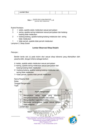 137 
Jumlah Skor 
Nilai = x 4 
Rubrik Penilaian: 
4 = selalu, apabila selalu melakukan sesuai pernyataan 
3 = sering, apabila sering melakukan sesuai pernyataan dan kadang-kadang 
tidak melakukan 
2 = kadang-kadang, apabila kadang-kadang melakukan dan sering 
Diklat Penyusunan Rencana Pelaksanaan Pembelajaran (RPP) 
Pada kegiatan orientasi teknis pengembengan keprofesian 
Berkelanjutan jenjang SMP Angkatan XI 
Mata Pelajaran IPA 
Hotel Ratu, 11 s/d 15 November 2014 
tidak melakukan 
1 = tidak pernah, apabila tidak pernah melakukan 
Lampiran 2. Sikap Sosial 
Lembar Observasi Sikap Disiplin 
Petunjuk : 
Berilah tanda cek (v) pada kolom skor sesuai sikap toleransi yang ditampilkan oleh 
peserta didik, dengan kriteria sebagai berikut : 
4 =selalu, apabila selalu melakukan sesuai pernyataan 
3 =sering, apabila sering melakukan sesuai pernyataan dan 
kadang-kadang tidak melakukan 
2 = kadang-kadang, apabila kadang-kadang melakukan dan 
sering tidak melakukan 
1 = tidak pernah, apabila tidak pernah melakukan 
Nama Peserta Didik : …………………. 
Kelas : …………………. 
Tanggal Pengamatan : ………………….. 
Topik : ………………….. 
No Aspek Pengamatan 
Skor 
1 2 3 4 
1 Mengerjakan setiap tugas yang diberikan 
mengenai konduksi, konveksi dan radiasi 
2 Mengumpulkan tugas tepat waktu 
3 Membawa perlengkapan belajar sesuai dengan 
mata pelajaran 
Jumlah skor 
Nilai = x 4 
 