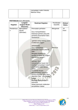 132 
mempelajari materi Interaksi 
Makhluk Hidup 
PERTEMUAN 2 (3 x 40 menit ) 
Diklat Penyusunan Rencana Pelaksanaan Pembelajaran (RPP) 
Pada kegiatan orientasi teknis pengembengan keprofesian 
Berkelanjutan jenjang SMP Angkatan XI 
Mata Pelajaran IPA 
Hotel Ratu, 11 s/d 15 November 2014 
Kegiatan 
Langkah-langkah 
Model 
Discovery 
Deskripsi Kegiatan 
Pendekatan 
Scientific 
Alokasi 
Waktu 
Pendahulua 
n 
Menciptakan 
Situasi 
(Stimulasi) 
Pemusatan perhatian : 
Guru memperlihatkan 
beberapa gambar yang ada 
peristiwa perpindahan kalor, 
diantaranya : 
-gambar orang sedang duduk 
di dekat api unggun 
APERSEPSI 
Guru memberikan 
pertanyaan kepada peserta 
didik : 
 Mengapa Apabila kita 
berdiam di dekat api unggun, 
kita merasa hangat ? 
 
Motivasi :Guru 
menyampaikan tujuan dan 
manfaat mempelajari materi 
perpindahan kalor secara 
radias. 
Pemberian Acuan : 
- Menyampaikan informasi 
tentang kegiatan yang akan 
dilakukan yaitu penyelidikan 
radiasi 
- Membagi siswa menjadi 4 
kelompok 
- Setiap kelompok melakukan 
penyelidikan radiasi 
Mengamati 
Menanya 
20 
menit 
 