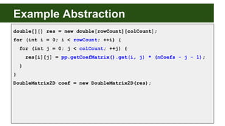 Example Abstraction
double[][] res = new double[rowCount][colCount];
for (int i = 0; i < rowCount; ++i) {
for (int j = 0; ...