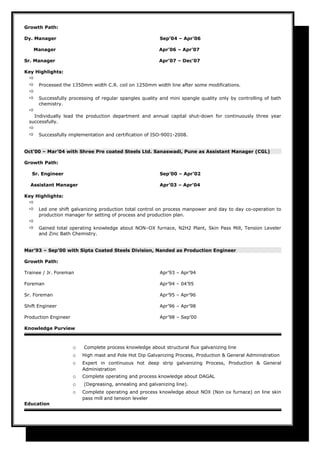 Growth Path:
Dy. Manager Sep’04 – Apr’06
Manager Apr’06 – Apr’07
Sr. Manager Apr’07 – Dec’07
Key Highlights:

 Processed the 1350mm width C.R. coil on 1250mm width line after some modifications.

 Successfully processing of regular spangles quality and mini spangle quality only by controlling of bath
chemistry.

Individually lead the production department and annual capital shut-down for continuously three year
successfully.

 Successfully implementation and certification of ISO-9001-2008.
Oct’00 – Mar’04 with Shree Pre coated Steels Ltd. Sanaswadi, Pune as Assistant Manager (CGL)
Growth Path:
Sr. Engineer Sep’00 – Apr’02
Assistant Manager Apr’03 – Apr’04
Key Highlights:

 Led one shift galvanizing production total control on process manpower and day to day co-operation to
production manager for setting of process and production plan.

 Gained total operating knowledge about NON–OX furnace, N2H2 Plant, Skin Pass Mill, Tension Leveler
and Zinc Bath Chemistry.
Mar’93 – Sep’00 with Sipta Coated Steels Division, Nanded as Production Engineer
Growth Path:
Trainee / Jr. Foreman Apr’93 – Apr’94
Foreman Apr’94 – 04’95
Sr. Foreman Apr’95 – Apr’96
Shift Engineer Apr’96 – Apr’98
Production Engineer Apr’98 – Sep’00
Knowledge Purview
o Complete process knowledge about structural flux galvanizing line
o High mast and Pole Hot Dip Galvanizing Process, Production & General Administration
o Expert in continuous hot deep strip galvanizing Process, Production & General
Administration
o Complete operating and process knowledge about DAGAL
o (Degreasing, annealing and galvanizing line).
o Complete operating and process knowledge about NOX (Non ox furnace) on line skin
pass mill and tension leveler
Education
 