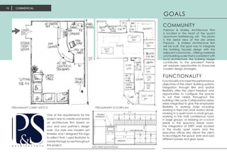 COMMERCIAL10
PRELIMINARY FLOORPLAN
KITCHEN ELEVATION
PRELIMINARY LOBBY SKETCH
GOALS
Palacios & Stokley Architecture Firm
is located in the heart of the quaint
downtown Hattiesburg, MS. This photo
is the aerial view of the site where
Palacios & Stokley Architecture firm
will be built. The goal was to integrate
the building façade design with the
adjacent community. Utilizing materials
and building scale that is consistent with
local architecture, the building design
contributes to the prevalent theme,
yet explores opportunities to showcase
modern design strategies.
COMMUNITY
Functionality is to meet the performance
objectives of the client. Building systems
integration through BIM and spatial
flexibility offer the client freedom and
opportunities to configure the spaces
to suit their needs throughout the
building’s life cycle. Collaboration areas
were integrated to give the employees
flexibility in working styles including
working in their own work station alone,
working in a quiet room in small groups,
working in the staff conference room
in large groups, or relaxing on a lunch
break in the spacious break room.
The integration of DIRTT walls located
in the studio quiet rooms and the
executive offices also allows the client
to reconfigure the space later and add
different panels and glass types.
FUNCTIONALITY
One of the requirements for this
project was to create and brand
an architecture firm based on
your and your partner’s design
style. Our style was modern yet
timeless and I designed this logo
to reflect that. I used Illustrator to
create this logo to use throughout
the project.
 