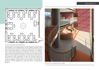 EDUCATION 35
SCHOOL OF CONSTRUCTION LOBBY
TYPICAL CLASSROOM FLOORPLAN
This floorplan is my interpretation of the modern classroom floor
plan based on my research. There are tables with chairs around
them and every piece of furniture has wheels so it is able to
move around the classroom as needed. As shown on the floor
plan, there are three flat-screens mounted on the walls at each
table so that students at the table can broadcast their work on
the screen for their classmates to see. The teacher’s desk can
move as well and he/she has a cart that can roll around the
room for supplies. There is also a round table in the middle for
groups to come together for class discussions or large group
projects.
 