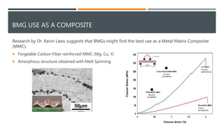 BMG USE AS A COMPOSITE
Research by Dr. Kevin Laws suggests that BMGs might find the best use as a Metal Matrix Composite
(MMC).
 Forgeable Carbon Fiber reinforced MMC (Mg, Cu, Y)
 Amorphous structure obtained with Melt Spinning
 