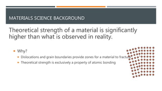 MATERIALS SCIENCE BACKGROUND
Theoretical strength of a material is significantly
higher than what is observed in reality.
 Why?
 Dislocations and grain boundaries provide zones for a material to fracture
 Theoretical strength is exclusively a property of atomic bonding
 