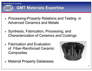 GMTGMT
Gateway Materials Technology
GMT Materials Expertise
 Processing-Property Relations and Testing in
Advanced Ceramics and Metals
 Synthesis, Fabrication, Processing, and
Characterization of Ceramics and Coatings
6
Characterization of Ceramics and Coatings
 Fabrication and Evaluation
of Fiber-Reinforced Ceramic
Composites
 Material Property Databases
 