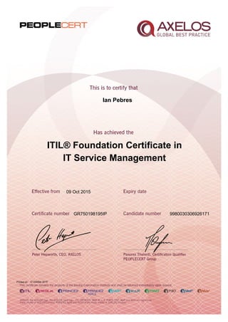 Ian Pebres
ITIL® Foundation Certificate in
IT Service Management
09 Oct 2015
GR750198195IP 9980030306926171
Printed on 12 October 2015
 
