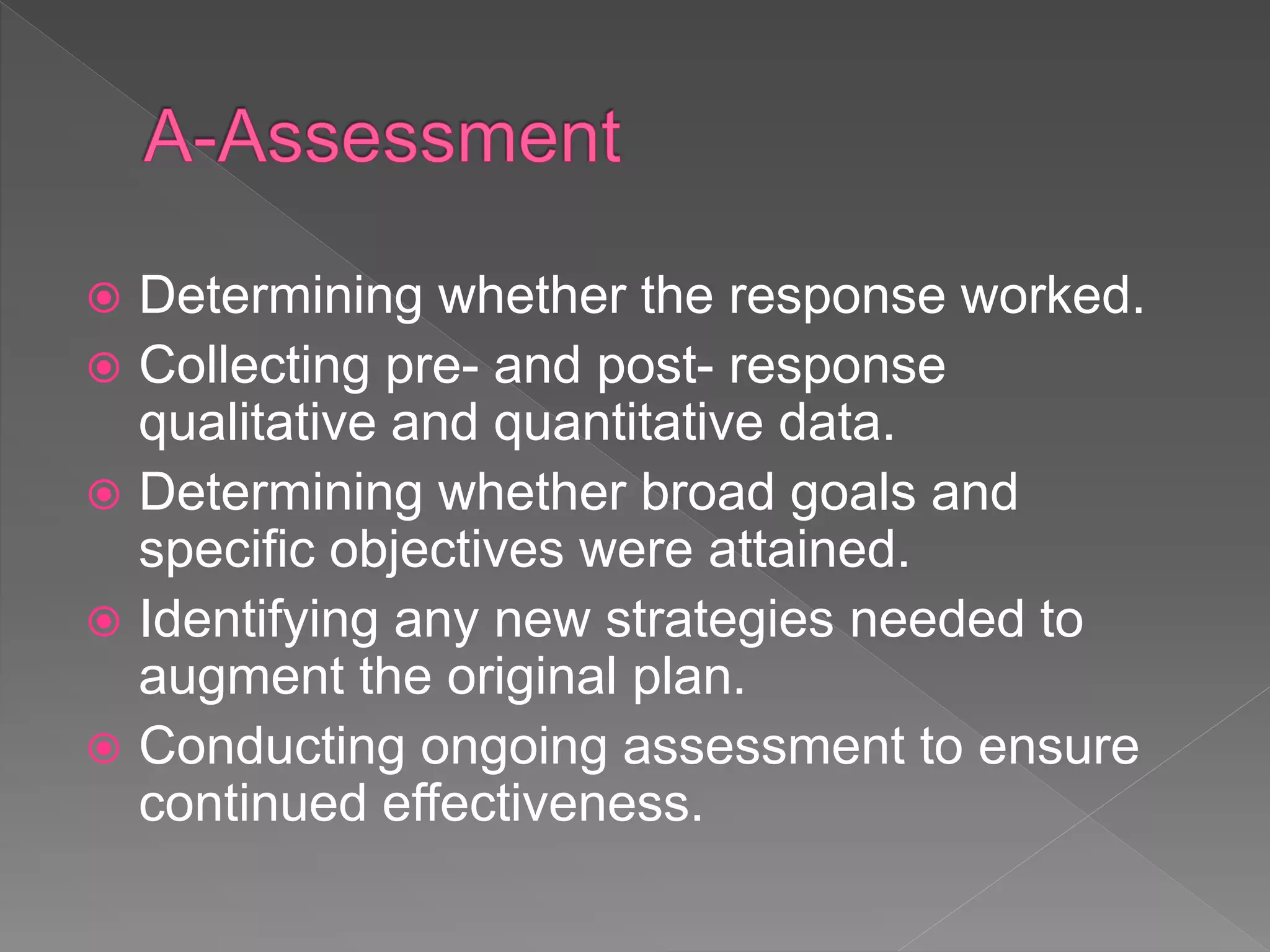  Determining whether the response worked.
 Collecting pre- and post- response
qualitative and quantitative data.
 Determining whether broad goals and
specific objectives were attained.
 Identifying any new strategies needed to
augment the original plan.
 Conducting ongoing assessment to ensure
continued effectiveness.
 