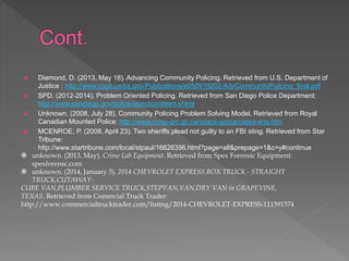  Diamond, D. (2013, May 18). Advancing Community Policing. Retrieved from U.S. Department of
Justice : http://www.cops.usdoj.gov/Publications/e050919202-AdvCommunityPolicing_final.pdf
 SPD. (2012-2014). Problem Oriented Policing. Retrieved from San Diego Police Department:
http://www.sandiego.gov/police/about/problem.shtml
 Unknown. (2008, July 28). Community Policing Problem Solving Model. Retrieved from Royal
Canadian Mounted Police: http://www.rcmp-grc.gc.ca/ccaps-spcca/capra-eng.htm
 MCENROE, P. (2008, April 23). Two sheriffs plead not guilty to an FBI sting. Retrieved from Star
Tribune:
http://www.startribune.com/local/stpaul/16626396.html?page=all&prepage=1&c=y#continue
 unknown. (2013, May). Crime Lab Equipment. Retrieved from Spex Forensic Equipment:
spexforensc.com
 unknown. (2014, January 3). 2014 CHEVROLET EXPRESS BOX TRUCK - STRAIGHT
TRUCK,CUTAWAY-
CUBE VAN,PLUMBER SERVICE TRUCK,STEPVAN,VAN,DRY VAN in GRAPEVINE,
TEXAS. Retrieved from Comercial Truck Trader:
http://www.commercialtrucktrader.com/listing/2014-CHEVROLET-EXPRESS-111591574
 