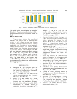 The present results also corroborate the findings of
Lebeda (6). Thus, it clearly indicates that total dew
point favoured the disease development in both the
field.
YIELD POTENTIAL
Powdery mildew disease had a profound
influence with reduced yield of marketable fruit
(Figure 2). It is evident that the local cultivars
exhibited significant difference on the yield of
marketable fruit. This might be due to genetically
adopted factors with the host cultivars. Highest
yield recorded both from the farmers field and
experimental plot was cultivar Mepfü with 24.55
t/ha with moderately susceptible reaction followed
by Lao 23.15 t/ha, Aüm(m) 22.54 t/ha, Aüm 22.40
t/ha, Maikok (t) 21.76 t/ha, and Mepfü 21.34 t/ha.
Lowest yield was recorded in cultivar Mesü with
20.18 t/ha. These results of present study have
confirmed the reports of Protologue (9) as in both
field had a similar yield which can be used in future
breeding programme.
REFERENCES
1. Ballantyne, B. (1975). Powdery mildew of
cucurbitaceae: Identity, distribution, host range
and sources of resistance, Proc. Linnean Soc.
New South Wales, 99:100-120.
2. Duke, J.A. (1992). Hand book of Biologically
Active Phytochemicals and their Activities.
CRC Press, Boca Rato. FL.
3. Gomez, K.A. and Gomez. A.A. (1984).
Statistical Procedures for Agricultural
Research. New York: John Wiley and Sons.
4. Jarvis,W., Gubler, W.G. and Grove, G.G. (2002).
Epidemiology of powdery mildew in
agricultural ecosystems. In Belanger R, WR
Bushnell, AJ Dik, TLW Carver, ed, The
powdery mildews. A comprehensive Treatise.
The American Phytopathological Society, St.
Paul, Minnesota, pp.169-199.
5. Jhan, M., Munger, H.M. and Mccreight, J.D.
(2002). Breeding cucurbit crops for powdery
mildew resistance. In Belenger R, WR
Bushnell, AJ Dik, TLW Carver,ed, The powdery
mildews. A comprehensive Treatise. The
American Phytopathological Society, St. Paul,
Minnesota, pp. 239-248
6. Lebeda, A. (1984). Screening of wild Cucumis
species for resistant to Cucumber powdery
mildew (Erysiphe cichoracearum and
Sphaerotheca fuliginea) Sci. Hortic., 24:
241-249.
7. Molot, P.M. and Lecoq, H. (1986). Powdery
mildew of cucurbits. I. Bibliographic data.
Preliminary studies. Agronomie, 6:335-362.
8. Nadkarni, K.M. (1992). Indian Materia Medica.
1st Edn. Popular Prakashan, Bombay, India.
9. Protologue (1930). Publ. Field Columbian Mus;
Bot. Ser. 3: 435.
10. Schnathorst, W.C. (1965). Environmental
relationship in the powdery mildew. Annu. Rev.
Phytopathol., 3: 343-346.
11. Tisserat, N. (2006). Powdery mildew of
Pumpkin. Extension Bulletin, Department of
Plant Pathology, Kansas.
12. Sivarajan, V.V. and Balchandran, I. (1996).
Ayurvedic Drugs and Their Plant Source 1st
Edn., Oxford and IBH publication Company
Pvt. Ltd., New Delhi. ISBN:81-204-0824-4
13. Yarwood, C.E. (1957). Powdery mildew.
Botanical Rec., 23:235-312.
Evaluation on the incidence of powdery mildew (Sphaerotheca fuliginea) on bottle gourd 129
Fig. 2: Influence of powdery mildew on marketable fruit yield of bottle gourd.
 