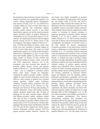 132 Kumar et al.
the treatments reduced disease severity of powdery
mildew of gerbera were significantly superior over
control. Among fungicidal disease management,
least disease severity (5.23 %), was observed in
wettable sulphur @ 2.5g/l of water foliar spray at
fortnightly intervals (all treatments) against
powdery mildew disease severity, it was found
significantly superior over all the tested treatments
against powdery mildew of gerbera followed by
Carbendazim @ 2g/ l of water foliar spray (7.23 %),
whereas, the unprotected treatment showed highest
disease severity (65.30 %), during course of the
investigation. The highest number of flowers m-2
/
year (195.00) and number of suckers / plant / year
(6.60) were also recorded in wettable sulphur @
2.5g/l of water foliar spray. The result was found
significantly superior over all the tested treatments
followed by Carbendazim @ 2g/l of water foliar
spray and wettable sulphur @ 2.0g/l of water foliar
spray number of flowers m-2
/year (190.60 and
178.00) and number of suckers / plant / year (6.40
and 4.60), respectively. However, rest of the
treatments were also recorded least amount of
powdery mildew disease severity and greatest
number of flowers m-2
/ year and number of suckers
/ plant / year as compared to untreated control
(alone water spray). Among the fungicides
evaluated for gerbera powdery mildew, wettable
sulphur @ 2.5g/l of water foliar spray was the most
effective. Nine varieties of gerbera were screened
against powdery mildew under polyhouse
condition. Powdery mildew symptoms were first
observed on the leaves of the varieties viz. Pia,
Rionegro and Tecala on 30 days after planting. In
varieties Manizales, Teresa and Galileo powdery
mildew incidence started only after 38 days of
planting. On the other varieties Figaro, Marinila
and Palmira powdery mildew incidence started
only after 68 days of planting. Palmira variety
showed resistance to powdery mildew with per cent
disease index of 9.27% at the end of 160 days after
planting followed by Figaro and Marinila with PDI
of 9.73% and 10.23%, respectively. Variety Teresa
showed moderately resistant reaction (24.57%)
against powdery mildew infection. Varieties Pia
and Tecala were highly susceptible to powdery
mildew throughout the experiment which showed
per cent disease index of 65.30% and 54.27%,
respectively. Other varieties like Galileo (34.73%),
Manizales (46.93%) and Rionegro (49.67%) were
susceptible reaction to powdery mildew infection.
These findings showed closely supported by earlier
workers in screening for disease resistance in
grapevine genotypes to powdery mildew infection
(Jamadar et al., 6) and in gerbera to powdery
mildew (Kumar et al., 8). The overcome economic
losses due to disease and avoid repeated application
of fungicides, development of resistant variety is
the best method for disease management.
Evaluation procedure in the green house could be
used as a rapid assay to screen plants for resistance
(Scholten et al., 13). Screening could be important
in the development and evaluation of new resistant
cultivar if incorporated into breeding programmes
(Kozik, 7). Though, the study to powdery mildew
resistant screening methodology for gerbera under
polyhouse condition has been established and few
resistant varieties of gerbera against powdery
mildew were indentified. Those varieties may be
utilized for future breeding programme to evolve
powdery mildew disease resistant gerbera varieties.
All varieties performed as expected, Palmira,
Figaro and Marinila were the resistant, Galileo,
Manizales and Rionegro susceptible, and Pia and
Tecala were highly susceptible. Disease symptoms
appeared almost a month after transplanting and the
powdery mildew epidemic developed slowly
thereafter. During the first six weeks of the
experiment, the relative humidity was below 80%
and since powdery mildew develops best at a high
humidity (80% to 90%) (Daughtrey et al., 3), the
low relative humidity was probably a constraint to a
faster epidemic development. This adverse
microclimatic condition (low humidity) was
probably useful for the plant cells that were already
infected by the powdery mildew fungi in that they
reduced the speed of infection process giving the
plant more time to transport material to the
infection site and stop penetration by formation of
papillae (Menzies et al., 10). Our study is the first
 