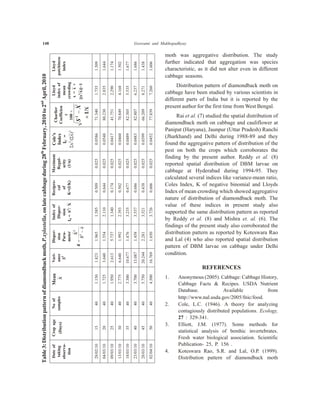 148 Goswami and Mukhopadhyay
moth was aggregative distribution. The study
further indicated that aggregation was species
characteristic, as it did not alter even in different
cabbage seasons.
Distribution pattern of diamondback moth on
cabbage have been studied by various scientists in
different parts of India but it is reported by the
present author for the first time from West Bengal.
Rai et al. (7) studied the spatial distribution of
diamondback moth on cabbage and cauliflower at
Panipat (Haryana), Jaunpur (Uttar Pradesh) Ranchi
(Jharkhand) and Delhi during 1988-89 and they
found the aggregative pattern of distribution of the
pest on both the crops which corroborates the
finding by the present author. Reddy et al. (8)
reported spatial distribution of DBM larvae on
cabbage at Hyderabad during 1994-95. They
calculated several indices like variance-mean ratio,
Coles Index, K of negative binomial and Lloyds
Index of mean crowding which showed aggregative
nature of distribution of diamondback moth. The
value of these indices in present study also
supported the same distribution pattern as reported
by Reddy et al. (8) and Mishra et. al. (6). The
findings of the present study also corroborated the
distribution pattern as reported by Koteswara Rao
and Lal (4) who also reported spatial distribution
pattern of DBM larvae on cabbage under Delhi
condition.
REFERENCES
1. Anonymous (2005). Cabbage: Cabbage History,
Cabbage Facts & Recipes. USDA Nutrient
Database. Available from
http://www.nal.usda.gov/2005/fnic/food.
2. Cole, L.C. (1946). A theory for analyzing
contagiously distributed populations. Ecology,
27 : 329-341.
3. Elliott, J.M. (1977). Some methods for
statistical analysis of benthic invertebrates.
Fresh water biological association. Scientific
Publication- 25, P. 156 .
4. Koteswara Rao, S.R. and Lal, O.P. (1999).
Distribution pattern of diamondback moth
,htomkcabdnomaidfonrettapnoitubirtsiD:3elbaTalletsolyx.P82gnirudegabbacetalno,ht
2ot0102,yraurbeFdn
0102,lirpA
foetaD
gnikat
-avresbo
noit
egaporC
)syaD(
fooN
selpmas
naeM
`X
-iraV
ecna
S2
-repsiD
nois
-araP
retem
K
X
Sx
=
-
2
2
foxednI
-repsiD
nois
IdS=2
/`X
-orpiceR
lac
fo
)K/I(=K
mumixaM
-lugeR
ytira
)n/1(
s’eloC
xednI
IC=
Sx2
(/Sx)2
reilrahC
neiciffeoC
t
001´
SX2
-
´/1X
dyolL
foxedni
naem
gnidworc
=xx+
s([2
/x])-1
dyolL
ssenihctap
xedni
01/20/825104051.1328.1569.1585.1905.0520.06850.0043.17537.1905.1
01/30/400204527.1046.3455.1011.2446.0520.08450.0032.08538.2446.1
01/30/905204059.1316.2737.5043.1471.0520.07140.0157.14092.2471.1
01/30/310304577.2046.6299.1393.2205.0520.00640.0948.07861.4205.1
01/30/815304003.3776.01674.1532.3776.0520.09840.0503.28535.5776.1
01/30/320404007.3780.31854.1735.3686.0520.03840.0708.28732.6686.1
01/30/825404057.5442.02182.2125.3834.0520.09930.0902.66172.8834.1
01/40/200504005.4967.61056.1627.3606.0520.02540.0938.77062.7606.1
 