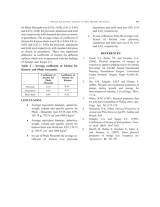 for Phule Mosambi was 0.39 (± 0.04), 0.43 (± 0.05)
and 0.45 (± 0.04) for plywood, aluminium and mild
steel respectively with standard deviation as shown
in parenthesis. The average values of coefficient of
friction for Kinnow fruits was 0.36 (± 0.04), 0.41 (±
0.05) and 0.42 (± 0.05) for plywood, aluminium
and mild steel respectively with standard deviation
as shown in parenthesis. There was significant
difference in coefficient of friction for different
surfaces which was in agreement with the findings
of Schaper and Yaeger (5).
Table 3 : Average coefficient of friction for
Kinnow and Phule mosambis.
Coefficient of
friction for
Phule
Mosambi
Coefficient of
friction for
Kinnow
Plywood 0.39 0.36
Aluminium 0.43 0.41
Mild Steel 0.45 0.42
CONCLUSIONS
· Average equivalent diameter, sphericity,
weight, volume and specific gravity for
Phule Mosambis were 65.68 mm, 0.96,
165.14 g, 170.31 cm3
and 1000.5 kg/m3
.
· Average equivalent diameter, sphericity,
weight, volume and specific gravity for
kinnow fruits was 66.44 mm, 0.95, 156.71
g, 146.97 cm3
and 1086 kg/m3
.
· In case of Phule Mosambi the average co-
efficient of friction over plywood,
aluminium and mild steel was 039, 0.43
and 0.45, respectively.
· In case of Kinnow fruits the average coef-
ficient of friction over plywood,
aluminium and mild steel was 0.36, 0.41
and 0.42, respectively.
REFERENCES
1. Flood, S.J., Burks, T.F. and Teixeira, A.A.
(2006). Physical properties of oranges in
response to applied gripping forces for robotic
harvesting. An ASABE Annual International
Meeting Presentation Oregon Convention
Center Portland, Oregon. Paper No.061142.
9-12.
2. Jha, S.N., Kingsly, A.R.P. and Chopra, S.
(2006). Physical and mechanical properties of
mango during growth and storage for
determination of maturity. J. Food Engg., 72(1):
73-76.
3. Miller, W.M. (1987). Physical properties data
for post harvest handling of Florida citrus. App.
Engg. Agri. 3(1):123-128.
4. Mohsenin, N.N. (1966). Physical Properties of
Animal and Plant Material, pp.891, Golden and
Breach Pub.
5. Schaper, L.A. and Yaeger E.C. (1992).
Coefficients of friction of Irish potatoes. Trans.
of ASAE, 35(5): 1647-1651.
6. Sharifi, M., Rafiee, S., Keyhani, A., Jafari, A.
and Akaram, A. (2007). Some physical
properties of orange (var. Tompson). Int.
Agrophysics, 21: 391-397.
Physical and frictional properties of Phule Mosambi and Kinnow 161
 