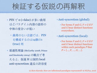 (c) Kow Kuroda: How are inflectional paradigms represented? at NLP22, 2016
検証する仮説の再解釈
PIN で 0 (=false) が多い曲⽤用
ほどパラダイム内部の語形の
中和の度合いが低い
曲⽤用のない⾔言語では，PIN
を構成するのは14個の1
(true) 列
最適性理論 (McCarthy 2008; Prince
and Smolensky 2004) の観点で考
えると，仮説 H は制約 local
anti-syncretism 違反の許容度
Anti-syncretism (global):
For forms F and G, F ≠ G if F
and G bear distinct functions
everywhere.
Anti-syncretism (local):
For forms F and G, F ≠ G if F
and G bear distinct functions
within such paradigm P that
P = {…, F, …, G, …}.
 