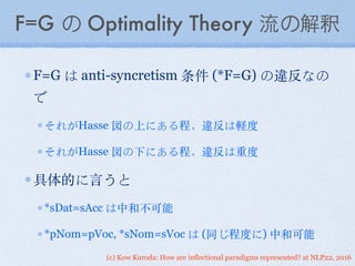(c) Kow Kuroda: How are inflectional paradigms represented? at NLP22, 2016
F=G の Optimality Theory 流の解釈
F=G は anti-syncretism 条件 (*F=G) の違反なの
で
それがHasse 図の上にある程，違反は軽度
それがHasse 図の下にある程，違反は重度
具体的に⾔言うと
*sDat=sAcc は中和不可能
*pNom=pVoc, *sNom=sVoc は (同じ程度に) 中和可能
 