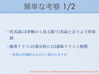 (c) Kow Kuroda: How are inflectional paradigms represented? at NLP22, 2016
簡単な考察 1/2
代名詞は(挙動から⾒見る限り)名詞と⾔言うより形容
詞
曲⽤用クラスは(部分的には)意味クラスと相関
本来は⾳音韻的なものだと思われますが
 