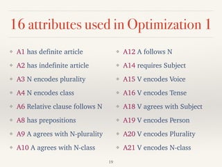 16 attributes used in Optimization 1
❖ A1 has definite article
❖ A2 has indefinite article
❖ A3 N encodes plurality
❖ A4 N encodes class
❖ A6 Relative clause follows N
❖ A8 has prepositions
❖ A9 A agrees with N-plurality
❖ A10 A agrees with N-class
❖ A12 A follows N
❖ A14 requires Subject
❖ A15 V encodes Voice
❖ A16 V encodes Tense
❖ A18 V agrees with Subject
❖ A19 V encodes Person
❖ A20 V encodes Plurality
❖ A21 V encodes N-class
19
 