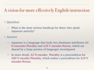A vision for more effectively English instruction
❖ Question
❖ What is the most serious handicap for those who speak
Japanese natively?
❖ Answer
❖ Japanese is a language that lacks two dominant atttributes A3
N enocodes Plurality and A19 V encodes Person, which are
shared by a large portion of languages investigated.
❖ In more detail, A3 N encodes Plurality is a precondition for
A20 V encodes Plurality, which makes a precodition for A19 V
encodes Person.
36
 