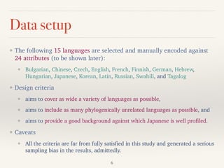 Data setup
❖ The following 15 languages are selected and manually encoded against
24 attributes (to be shown later):
❖ Bulgarian, Chinese, Czech, English, French, Finnish, German, Hebrew,
Hungarian, Japanese, Korean, Latin, Russian, Swahili, and Tagalog
❖ Design criteria
❖ aims to cover as wide a variety of languages as possible,
❖ aims to include as many phylogenically unrelated languages as possible, and
❖ aims to provide a good background against which Japanese is well profiled.
❖ Caveats
❖ All the criteria are far from fully satisfied in this study and generated a serious
sampling bias in the results, admittedly.
6
 