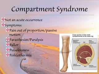 Compartment Syndrome 
Not an acute occurrence 
Symptoms: 
Pain out of proportion/passive 
motion 
Parasthesias/Paralysis 
Pallor 
Pulselessness 
Poiklothermia 
 