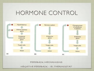HORMONE CONTROL




       FEEDBACK MECHANISMS
 NEGATIVE FEEDBACK – IE: THERMOSTAT
 
