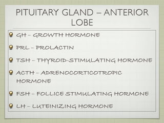 PITUITARY GLAND – ANTERIOR
            LOBE
GH – GROWTH HORMONE
PRL – PROLACTIN
TSH – THYROID-STIMULATING HORMONE
ACTH – ADRENOCORTICOTROPIC
HORMONE
FSH – FOLLICE STIMULATING HORMONE
LH – LUTEINIZING HORMONE
 