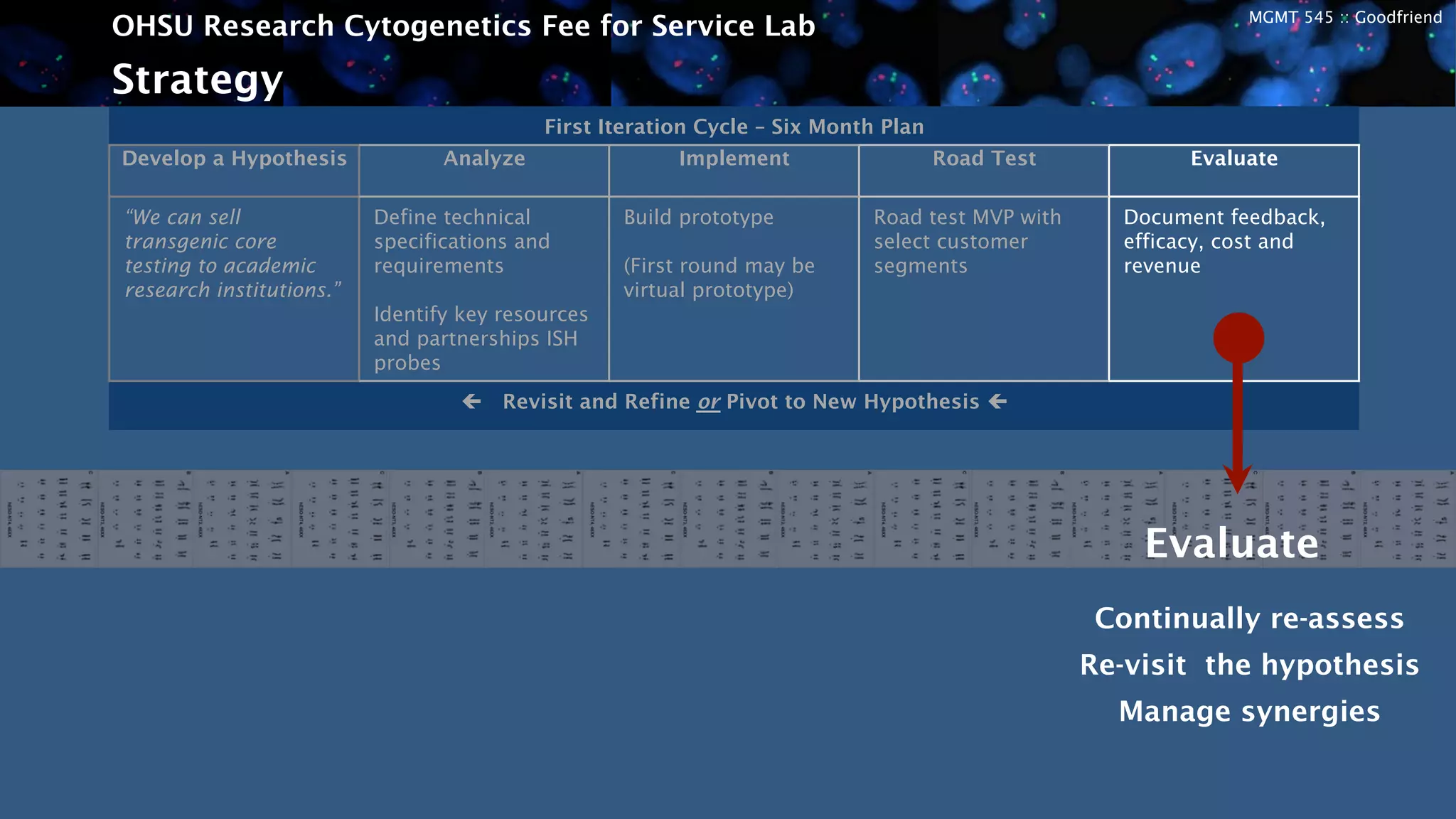 MGMT 545 :: Goodfriend
OHSU Research Cytogenetics Fee for Service Lab
Strategy
First Iteration Cycle – Six Month Plan
Develop a Hypothesis Analyze Implement Road Test Evaluate
“We can sell
transgenic core
testing to academic
research institutions.”
Define technical
specifications and
requirements
Identify key resources
and partnerships ISH
probes
Build prototype
(First round may be
virtual prototype)
Road test MVP with
select customer
segments
Document feedback,
efficacy, cost and
revenue
ç Revisit and Refine or Pivot to New Hypothesis ç	
  
Evaluate
Continually re-assess
Re-visit the hypothesis
Manage synergies
 