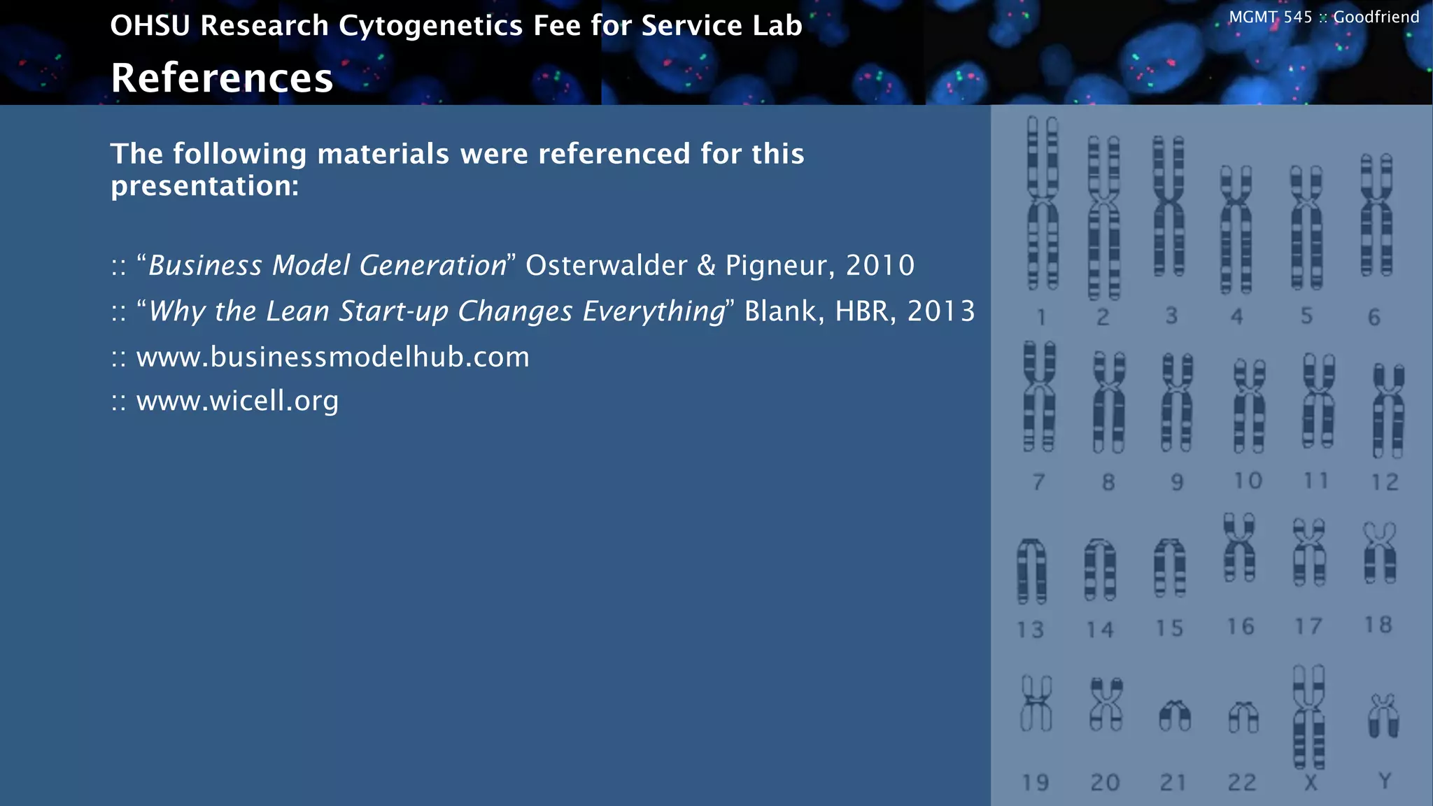 MGMT 545 :: Goodfriend
OHSU Research Cytogenetics Fee for Service Lab
The following materials were referenced for this
presentation:
:: “Business Model Generation” Osterwalder & Pigneur, 2010
:: “Why the Lean Start-up Changes Everything” Blank, HBR, 2013
:: www.businessmodelhub.com
:: www.wicell.org
References
 