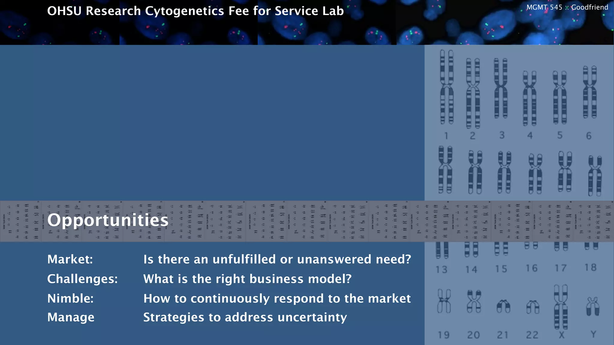 MGMT 545 :: Goodfriend
OHSU Research Cytogenetics Fee for Service Lab
Opportunities
Market: Is there an unfulfilled or unanswered need?
Challenges: What is the right business model?
Nimble: How to continuously respond to the market
Manage Strategies to address uncertainty
 