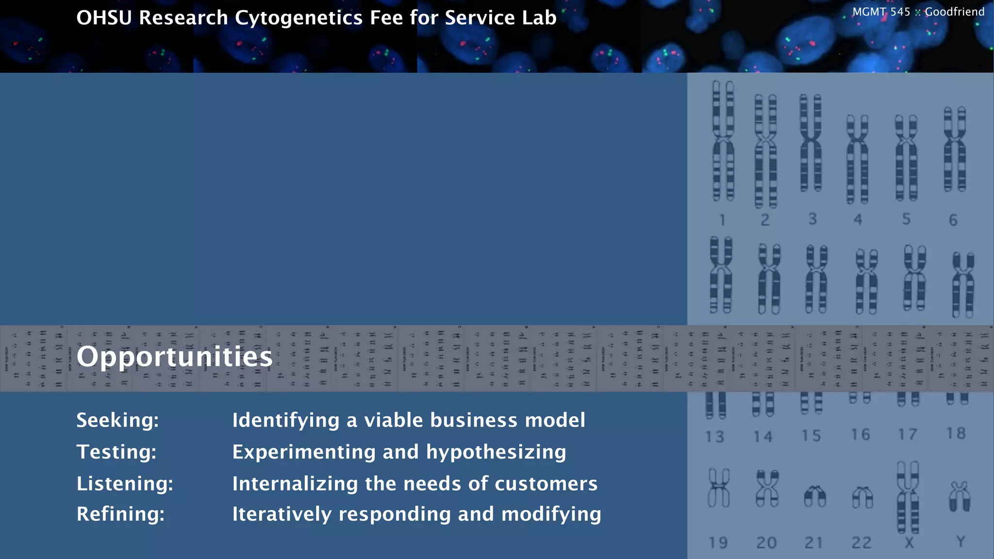 MGMT 545 :: Goodfriend
OHSU Research Cytogenetics Fee for Service Lab
Opportunities
Seeking: Identifying a viable business model
Testing: Experimenting and hypothesizing
Listening: Internalizing the needs of customers
Refining: Iteratively responding and modifying
 