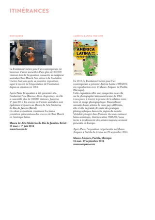 ITINÉRANCES 
Ron Mueck 
La Fondation Cartier pour l’art contemporain est 
heureuse d’avoir accueilli à Paris plus de 300 000 
visiteurs lors de l’exposition consacrée au sculpteur 
australien Ron Mueck. Son retour à la Fondation 
Cartier, huit ans après sa première exposition, 
signe le record de fréquentation de l’institution 
depuis sa création en 1984. 
Après Paris, l’exposition a été présentée à la 
Fundación Proa (Buenos Aires, Argentine), où elle 
a rassemblé plus de 160 000 visiteurs. Jusqu’au 
1er juin 2014, les oeuvres de l’artiste australien sont 
également exposées au Museu de Arte Moderna 
do Rio de Janeiro (Brésil). 
Ces deux expositions constituent les toutes 
premières présentations des oeuvres de Ron Mueck 
en Amérique latine. 
Museu de Arte Moderna do Rio de Janeiro, Brésil 
19 mars › 1er juin 2014 
mamrio.com.br 
América Latina 1960-2013 
En 2013, la Fondation Cartier pour l’art 
contemporain a présenté América Latina 1960-2013, 
en coproduction avec le Museo Amparo de Puebla 
(Mexique). 
Cette exposition offre une perspective nouvelle 
sur la photographie latino-américaine de 1960 
à nos jours, à travers le prisme de la relation entre 
texte et image photographique. Rassemblant 
soixante-douze artistes de onze pays différents, 
elle révèle la grande diversité des pratiques 
photographiques dans cette région du monde. 
Véritable plongée dans l’histoire du sous-continent 
latino-américain, América Latina 1960-2013 nous 
invite à (re)découvrir des artistes majeurs rarement 
présentés en Europe. 
Après Paris, l’exposition est présentée au Museo 
Amparo à Puebla du 24 mai au 29 septembre 2014. 
Museo Amparo, Puebla, Mexique 
24 mai › 29 septembre 2014 
museoamparo.com 
 