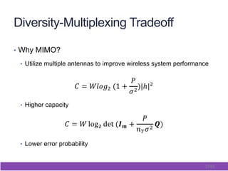 27/65
Diversity-Multiplexing Tradeoff
•  Why MIMO?
•  Utilize multiple antennas to improve wireless system performance
•  Higher capacity
•  Lower error probability
 