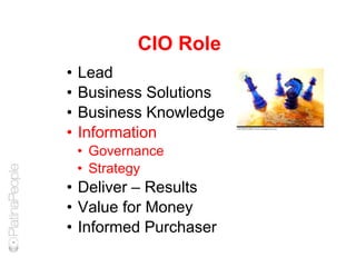 CIO Role
• Lead
• Business Solutions
• Business Knowledge
• Information
• Governance
• Strategy
• Deliver – Results
• Value for Money
• Informed Purchaser
 