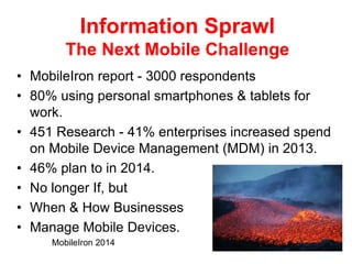 Information Sprawl
The Next Mobile Challenge
• MobileIron report - 3000 respondents
• 80% using personal smartphones & tablets for
work.
• 451 Research - 41% enterprises increased spend
on Mobile Device Management (MDM) in 2013.
• 46% plan to in 2014.
• No longer If, but
• When & How Businesses
• Manage Mobile Devices.
MobileIron 2014
 
