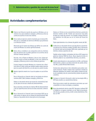 7. Administración y gestión de una red de área local
Actividades complementarias
Actividades complementarias
Fíjate en las fichas de creación de usuarios en Windows y en un
sistema Linux para establecer analogías y diferencias entre las
cuentas de usuarios en estos dos sistemas.
Ahora realiza el ejercicio anterior haciendo que el sistema Win-
dows sea un controlador de dominio de Windows que pertenezca
a un Directorio Activo.
Observarás que el número de atributos que define una cuenta de
usuario de Windows ha crecido significativamente.
Vamos ahora a establecer una comparativa entre los distintos
tipos de permisos que se pueden gestionar en los archivos de los
distintos sistemas operativos.
Para ello, crea un fichero en Windows y otro en Linux. Asigna per-
misos de usuario al fichero de Windows y al de Linux. Observa las
analogías y diferencias entre los dos sistemas de permisos.
Si ahora integras la estación Windows en un dominio de un Direc-
torio Activo te darás cuenta que también puedes asignar permisos
para los usuarios del dominio y no sólo para los usuarios locales.
Repite el ejercicio anterior en el caso de carpetas en vez de fiche-
ros.
Busca información en Internet sobre las tecnologías de almace-
namiento NAS Y SAN. Establece analogías y diferencias.
Elabora un documento técnico que resuma las características bási-
cas de cada uno de estos sistemas de almacenamiento.
Busca soluciones comerciales de sistemas NAS de almacenamiento
y lee las especificaciones técnicas de estas soluciones comercia-
les.
Busca información en Internet sobre la tecnología iSCSI que se
suele utilizar en algunos de los sistemas de almacenamiento SAN.
Elabora un documento técnico descriptivo de la tecnología.
Elabora un informe con las características técnicas y precios de
distintos modelos de SAI. Tendrás que estructurar esta tabla
de datos por rangos de consumo: no se pueden comparar SAI para
uso doméstico con SAI para uso en un Centro de Proceso de
Datos.
Fíjate especialmente en los sistemas de gestión remota del SAI.
Confecciona un documento técnico que describa las característi-
cas básicas de los distintos modelos de RAID. Busca información
en Internet sobre qué tecnologías RAID están soportadas por los
distintos sistemas operativos de red.
También existen tarjetas controladoras de discos SCSI capaces de
gobernar sistemas RAID de discos. Busca algunas de ellas en
Internet y fíjate en sus características técnicas y sus precios.
Estudia detenidamente la documentación de VNC y de Remote
Administrator y elabora una tabla de decisión de cuándo utiliza-
rías VNC y cuándo Remote Administrator.
Instala estas aplicaciones en dos ordenadores para probar cone-
xiones recíprocas. Prueba a realizar estas conexiones variando los
diferentes parámetros de conexión, tanto gráficos (número de colo-
res de la pantalla) como de comunicaciones (número de puerto de
conexión).
Consigue en Internet información sobre las tecnologías WOL y
ACPI para estudiar sus características básicas.
Ahora busca placas madre de ordenadores personales que sean
compatibles con estas tecnologías y compáralas.
Busca documentación técnica sobre PGP. Descarga el software PGP
e instálalo en un equipo conectado a la red. Sigue la documenta-
ción técnica y prueba a enviar y recibir correos electrónicos cifra-
dos con PGP.
9
8
7
6
5
4
3
2
1
07233
 