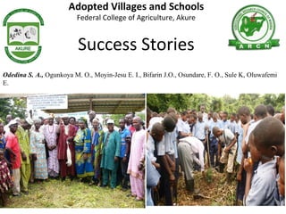 Adopted Villages and Schools
Federal College of Agriculture, Akure
Success Stories
Odedina S. A., Ogunkoya M. O., Moyin-Jesu E. I., Bifarin J.O., Osundare, F. O., Sule K, Oluwafemi
E.
 
