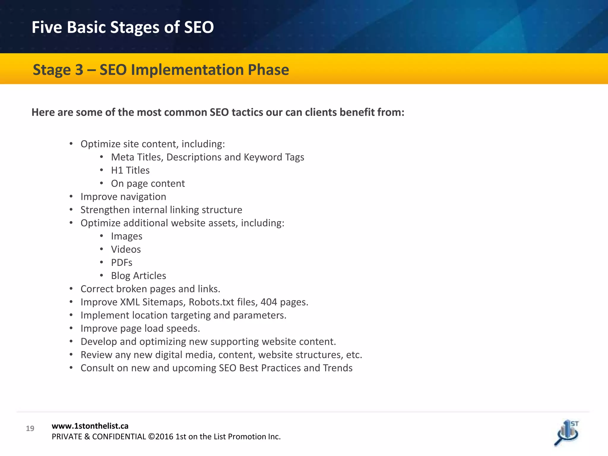 19
How Can We Help CPA Canada?
www.1stonthelist.ca
PRIVATE & CONFIDENTIAL ©2016 1st on the List Promotion Inc.
Stage 3 – SEO Implementation Phase
Five Basic Stages of SEO
Here are some of the most common SEO tactics our can clients benefit from:
• Optimize site content, including:
• Meta Titles, Descriptions and Keyword Tags
• H1 Titles
• On page content
• Improve navigation
• Strengthen internal linking structure
• Optimize additional website assets, including:
• Images
• Videos
• PDFs
• Blog Articles
• Correct broken pages and links.
• Improve XML Sitemaps, Robots.txt files, 404 pages.
• Implement location targeting and parameters.
• Improve page load speeds.
• Develop and optimizing new supporting website content.
• Review any new digital media, content, website structures, etc.
• Consult on new and upcoming SEO Best Practices and Trends
 