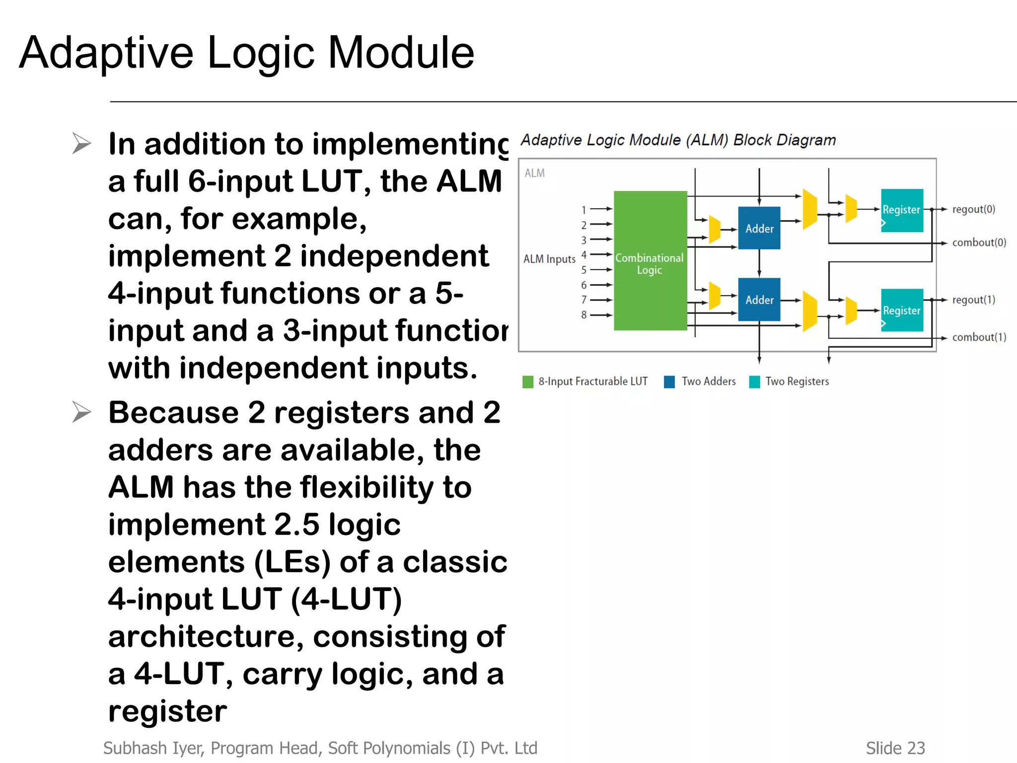 Slide 23Subhash Iyer, Program Head, Soft Polynomials (I) Pvt. Ltd
Adaptive Logic Module
 In addition to implementing
a full 6-input LUT, the ALM
can, for example,
implement 2 independent
4-input functions or a 5-
input and a 3-input function
with independent inputs.
 Because 2 registers and 2
adders are available, the
ALM has the flexibility to
implement 2.5 logic
elements (LEs) of a classic
4-input LUT (4-LUT)
architecture, consisting of
a 4-LUT, carry logic, and a
register
 