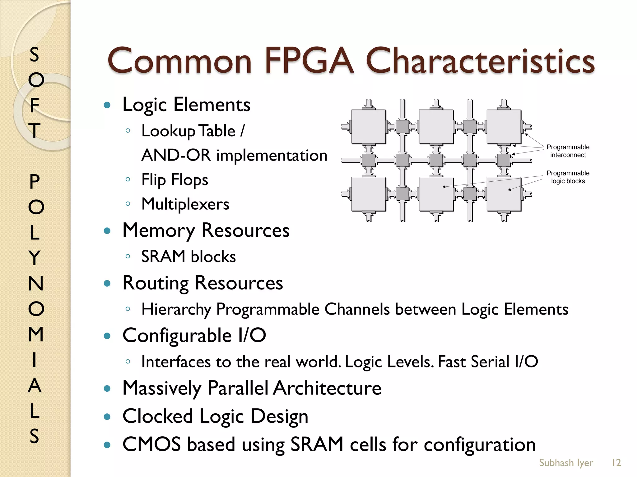 S
O
F
T
P
O
L
Y
N
O
M
I
A
L
S
Common FPGA Characteristics
12
 Logic Elements
◦ LookupTable /
AND-OR implementation
◦ Flip Flops
◦ Multiplexers
 Memory Resources
◦ SRAM blocks
 Routing Resources
◦ Hierarchy Programmable Channels between Logic Elements
 Configurable I/O
◦ Interfaces to the real world. Logic Levels. Fast Serial I/O
 Massively Parallel Architecture
 Clocked Logic Design
 CMOS based using SRAM cells for configuration
Programmable
interconnect
Programmable
logic blocks
Subhash Iyer
 