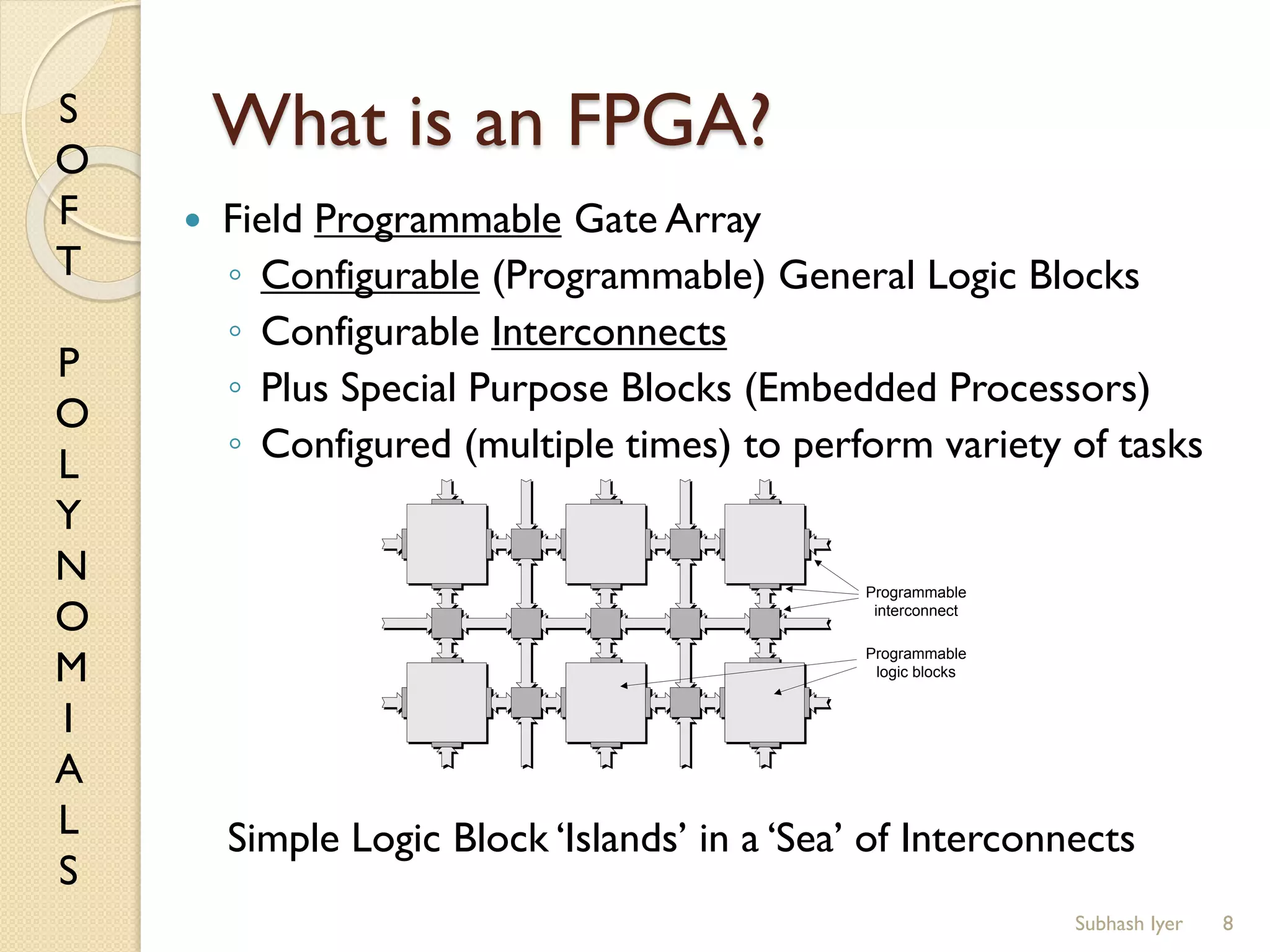 S
O
F
T
P
O
L
Y
N
O
M
I
A
L
S
What is an FPGA?
8
 Field Programmable Gate Array
◦ Configurable (Programmable) General Logic Blocks
◦ Configurable Interconnects
◦ Plus Special Purpose Blocks (Embedded Processors)
◦ Configured (multiple times) to perform variety of tasks
Simple Logic Block ‘Islands’ in a ‘Sea’ of Interconnects
Programmable
interconnect
Programmable
logic blocks
Subhash Iyer
 