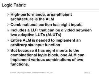 Slide 21Subhash Iyer, Program Head, Soft Polynomials (I) Pvt. Ltd
Logic Fabric
 High-performance, area-efficient
architecture is the ALM
 Combinational portion has eight inputs
 Includes a LUT that can be divided between
two adaptive LUTs (ALUTs)
 Entire ALM is needed to implement an
arbitrary six-input function
 But because it has eight inputs to the
combinational logic block, one ALM can
implement various combinations of two
functions.
 