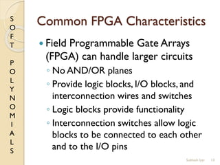 S
O
F
T
P
O
L
Y
N
O
M
I
A
L
S
Common FPGA Characteristics
 Field Programmable Gate Arrays
(FPGA) can handle larger circuits
◦ No AND/OR planes
◦ Provide logic blocks, I/O blocks, and
interconnection wires and switches
◦ Logic blocks provide functionality
◦ Interconnection switches allow logic
blocks to be connected to each other
and to the I/O pins
13Subhash Iyer
 