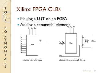 S
O
F
T
P
O
L
Y
N
O
M
I
A
L
S
Xilinx: FPGA CLBs
 Making a LUT on an FGPA
 Adding a sequential element
24Subhash Iyer
 