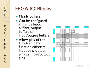 S
O
F
T
P
O
L
Y
N
O
M
I
A
L
S
FPGA IO Blocks
 Mainly buffers
 Can be configured
either as input
buffers, output
buffers or
input/output buffers.
 Allow pins of the
FPGA chip to
function either as
input pins, output
pins or input/output
pins
41Subhash Iyer
 
