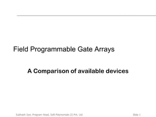 Slide 1Subhash Iyer, Program Head, Soft Polynomials (I) Pvt. Ltd
Field Programmable Gate Arrays
A Comparison of available devices
 