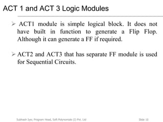 Slide 10Subhash Iyer, Program Head, Soft Polynomials (I) Pvt. Ltd
ACT 1 and ACT 3 Logic Modules
 ACT1 module is simple logical block. It does not
have built in function to generate a Flip Flop.
Although it can generate a FF if required.
 ACT2 and ACT3 that has separate FF module is used
for Sequential Circuits.
 