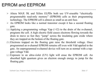 Slide 17Subhash Iyer, Program Head, Soft Polynomials (I) Pvt. Ltd
EPROM and EEPROM
 Altera MAX 5K and Xilinx ELPDs both use UV-erasable “electrically
programmable read-only memory” (EPROM) cells as their programming
technology. The EPROM cell is almost as small as an anti fuse.
 An EPROM looks like a normal transistor except it has a second floating
gate.
(a) Applying a programming voltage Vpp (>12) to the drain of the n-channel,
programs the cell. A high electric field causes electrons flowing towards the
drain to move so fast they “jump” across the insulating gate oxide where
they are trapped on the bottom of the floating gate.
(b) Electrons trapped on the floating gate raise the threshold voltage. Once
programmed an n-channel EPROM remains off even with Vdd applied to the
gate. An unprogrammed n-channel device will turn on as normal with a top-
gate voltage Vdd.
(c) Exposure to an ultra-violet (UV) light will erase the EPROM cell. An
absorbed light quantum gives an electron enough energy to jump for the
floating gate.
 