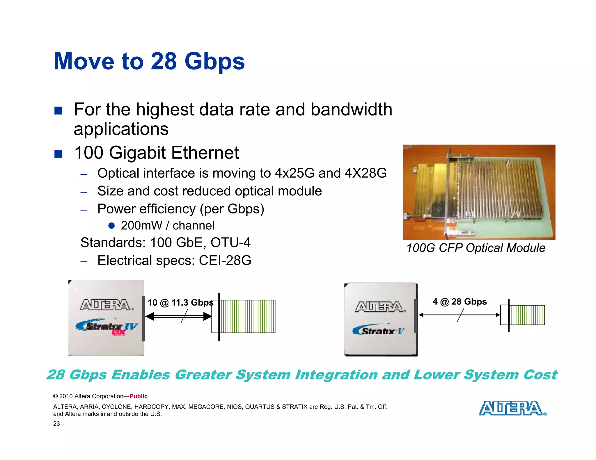 Move to 28 Gbps
     For the highest data rate and bandwidth
      applications
     100 Gigabit Ethernet
          Optical interface is moving to 4x25G and 4X28G
          Size and cost reduced optical module
          Power efficiency (per Gbps)
             200mW / channel
         Standards: 100 GbE, OTU-4                                                                       100G CFP Optical Module
          Electrical specs: CEI-28G
                             CEI 28G


                               10 @ 11.3 Gbps                                                                4 @ 28 Gbps




28 Gbps Enables Greater System Integration and Lower System Cost
© 2010 Altera Corporation—Public
ALTERA, ARRIA, CYCLONE, HARDCOPY, MAX, MEGACORE, NIOS, QUARTUS & STRATIX are Reg. U.S. Pat. & Tm. Off.
and Altera marks in and outside the U.S.
23
 