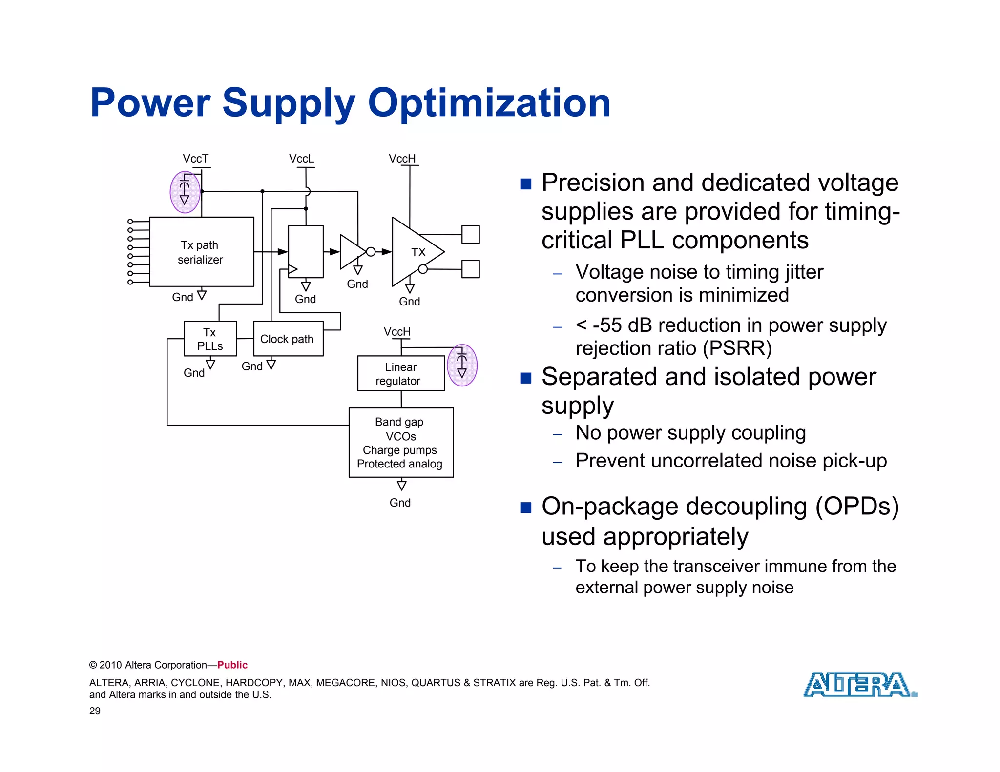 Power Supply Optimization
                  VccT                  VccL            VccH

                                                                                 Precision and dedicated voltage
                                                                                  supplies are provided for timing-
                 Tx path
                                                              TX
                                                                                  critical PLL components
                 serializer
                                                                                     Voltage noise to timing jitter
                                                Gnd
                Gnd                      Gnd              Gnd                         conversion is minimized
                       Tx                              VccH                          < -55 dB reduction in power supply
                                   Clock path
                      PLLs                                                            rejection ratio (PSRR)
                              Gnd                       Linear
                   Gnd
                                                      regulator                  Separated and isolated power
                                                    Band gap
                                                                                  supply
                                                      VCOs                           No power supply coupling
                                                  Charge pumps
                                                 Protected analog                    Prevent uncorrelated noise pick-up

                                                        Gnd
                                                                                 On-package decoupling (OPDs)
                                                                                  used appropriatel
                                                                                   sed appropriately
                                                                                     To keep the transceiver immune from the
     PLL                                                                                external power supply noise



© 2010 Altera Corporation—Public
ALTERA, ARRIA, CYCLONE, HARDCOPY, MAX, MEGACORE, NIOS, QUARTUS & STRATIX are Reg. U.S. Pat. & Tm. Off.
and Altera marks in and outside the U.S.
29
 